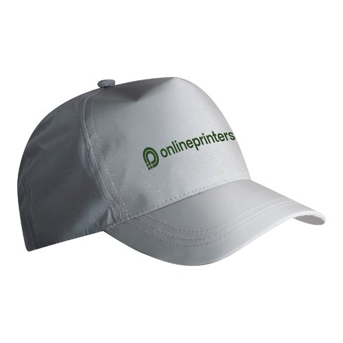 Casquette de baseball gris argent en matriau rflchissant avec sangle rglable.