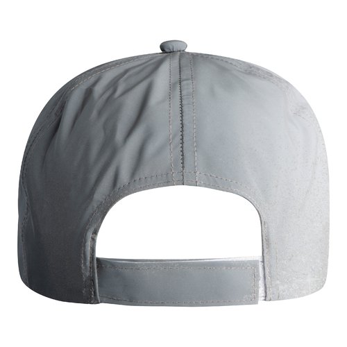 Casquette de baseball gris argent en matriau rflchissant avec sangle rglable.