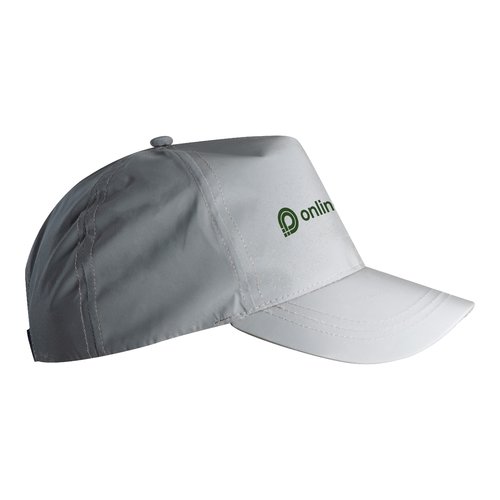 Casquette de baseball gris argent en matriau rflchissant avec bride rglable.