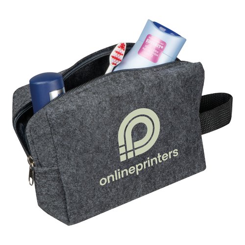 Trousse de toilette en feutre anthracite avec fermeture clair et dragonne.