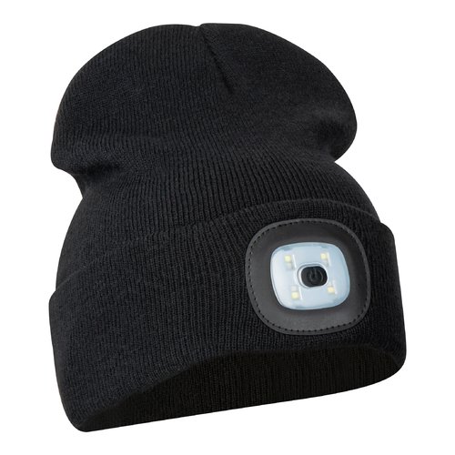 Bonnet noir en tricot avec lampe LED intgre.