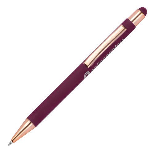 Stylo  bille en mtal bordeaux avec stylet tactile et clip.