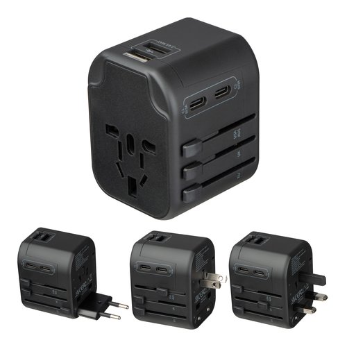 Adaptateur de voyage noir avec plusieurs options de prise et ports USB.