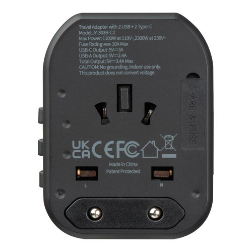Adaptateur de voyage noir avec ports USB.