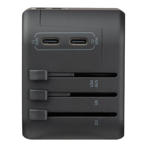 Adaptateur de voyage noir avec ports USB et options de prises multiples.