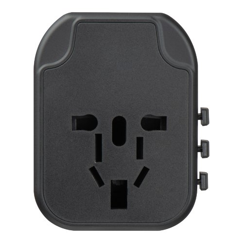 Adaptateur de voyage noir en plastique avec plusieurs prises.