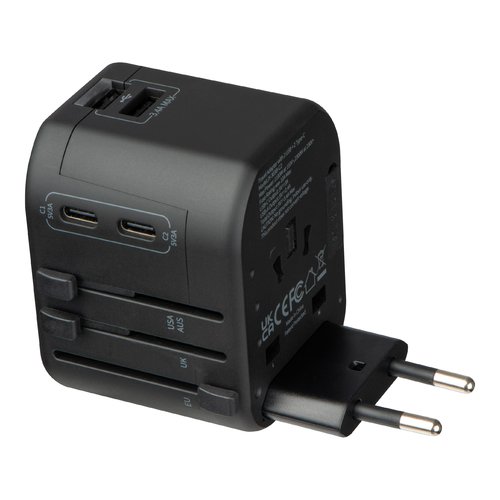 Adaptateur de voyage noir avec plusieurs adaptateurs de prise.