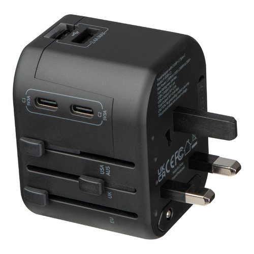 Adaptateur de voyage noir avec diffrentes prises.