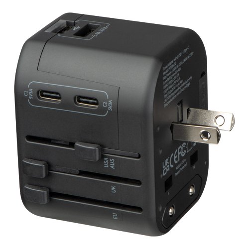 Adaptateur de voyage noir avec plusieurs ports USB et diverses options de prise.