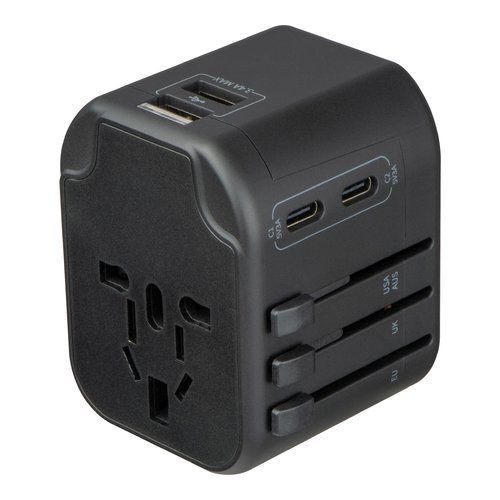 Adaptateur de voyage noir avec connexions USB et prises.