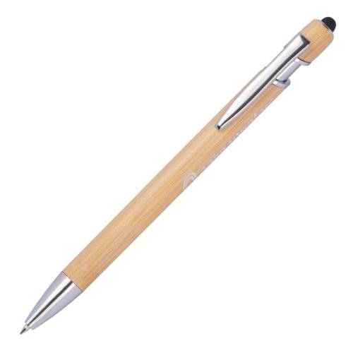 Stylo  bille beige en bois avec clip et stylet tactile.