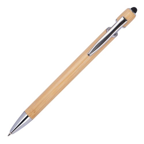 Stylo  bille beige en bambou avec clip et embout tactile.