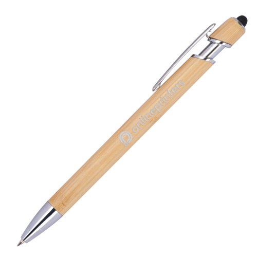 Stylo  bille en bambou couleur bois avec stylet tactile et clip.