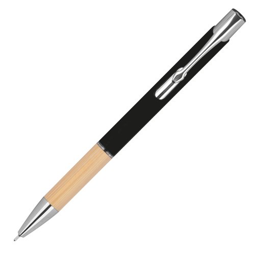 Stylo gel noir recycl avec clip et mcanisme  poussoir.