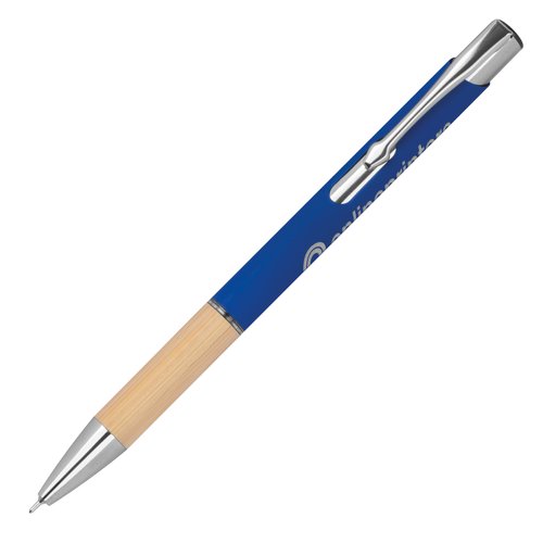 Stylo gel bleu recycl avec clip et mcanisme  poussoir.
