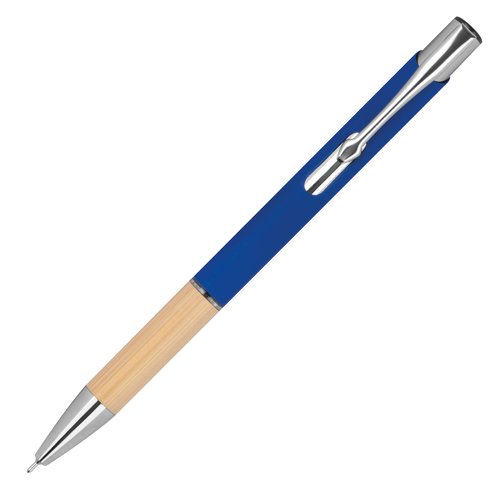 Stylo gel bleu recycl avec clip et bouton poussoir.