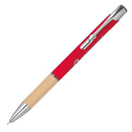 Stylo gel rouge en matriau recycl avec clip et mcanisme  poussoir.