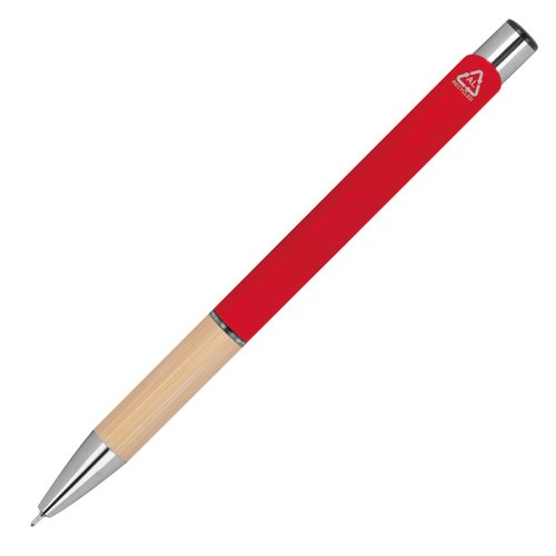 Stylo gel rouge recycl avec pointe et capuchon.