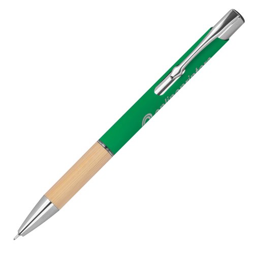 Stylo gel recycl vert avec lments en mtal et clip.