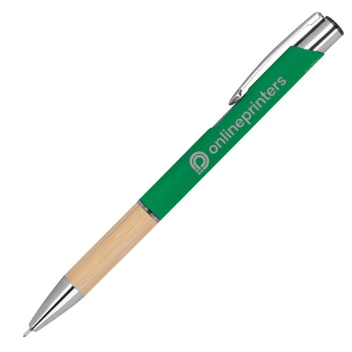 Stylo gel recycl vert avec lments mtalliques.