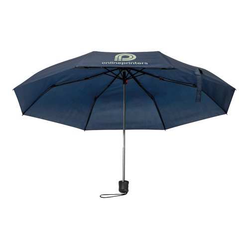 Parapluie de poche bleu fonc en RPET avec housse et dragonne.
