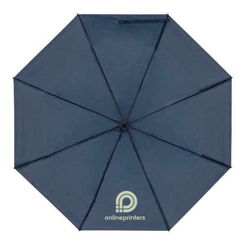 Parapluie de poche bleu fonc en RPET avec housse et poigne.