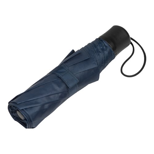 Parapluie de poche bleu fonc en RPET avec dragonne.