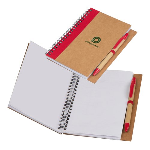 Bloc-notes rouge avec reliure spirale et pages en papier.