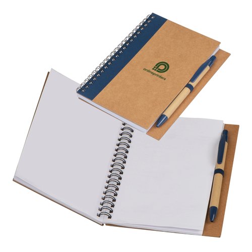 Bloc-notes bleu fonc avec reliure spirale.