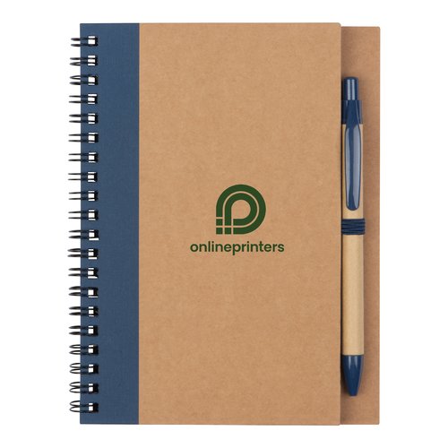 Bloc-notes bleu fonc avec reliure spirale et porte-stylo.