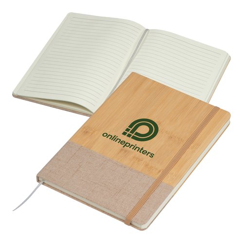 Carnet beige en bambou avec marque-page et lastique.