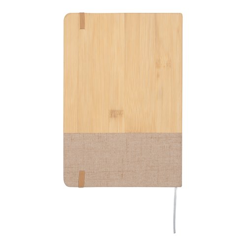 Carnet beige en bambou et tissu avec lastique.
