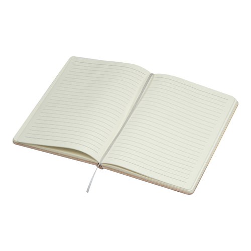 Carnet beige avec pages lignes et marque-page ruban.
