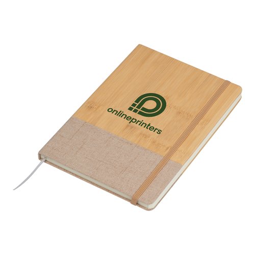 Carnet beige avec couverture en bambou et fermeture lastique.