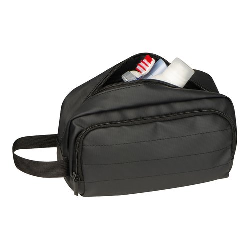 Trousse de toilette noire en tissu avec fermeture clair et poigne.