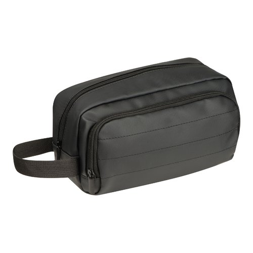 Trousse de toilette noire en textile avec fermeture clair et poigne de transport.