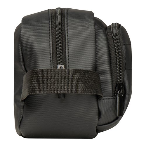 Trousse de toilette noire en tissu avec fermeture clair.