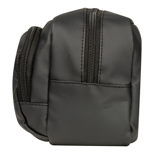 Trousse de toilette noire en tissu avec fermeture clair.