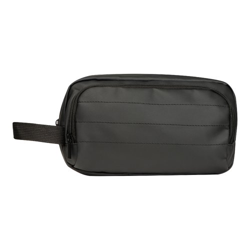 Trousse de toilette noire avec fermeture clair et poigne de transport.