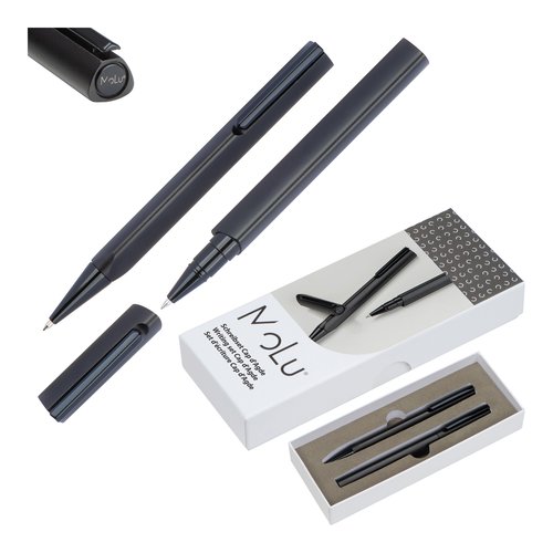 Ensemble d'criture noir avec stylo  bille et roller dans un coffret cadeau.