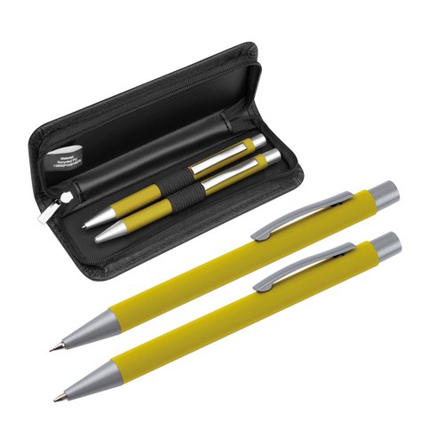 Ensemble d'criture jaune avec stylo  bille et tui.