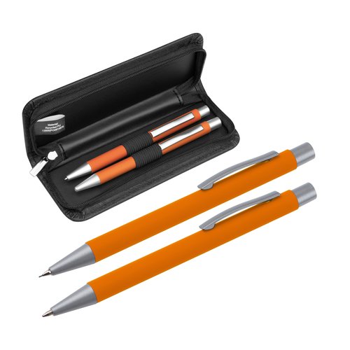 Set d'criture orange avec stylo  bille et stylo  bille rotatif dans un tui.