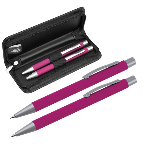 Ensemble d'criture rose avec stylo  bille, roller et tui zipp.