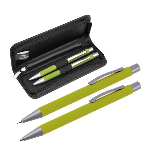 Set d'criture vert pomme avec stylo  bille et tui.