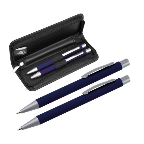 Ensemble d'criture bleu fonc avec stylo  bille, stylo roller et pochette zippe.