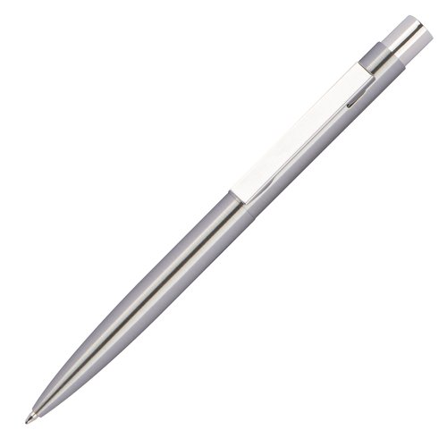 Stylo  bille en acier inoxydable gris argent avec clip et mcanisme  poussoir.