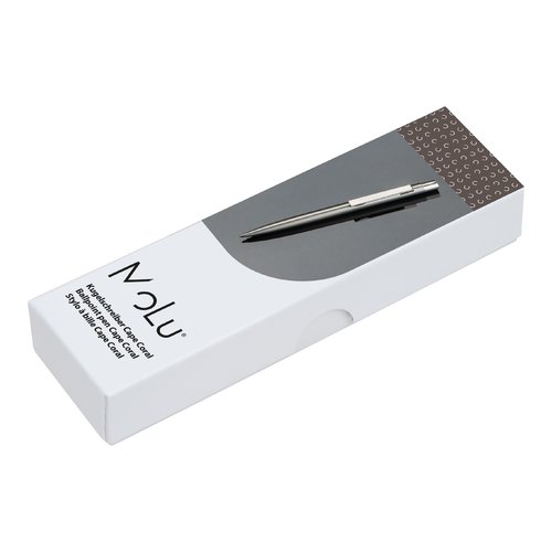 Stylo  bille en acier inoxydable gris argent avec clip et mcanisme  poussoir.