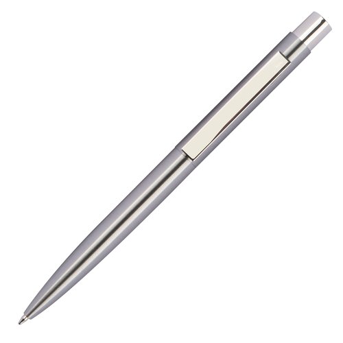 Stylo  bille en acier inoxydable gris argent avec clip et mcanisme  pression.
