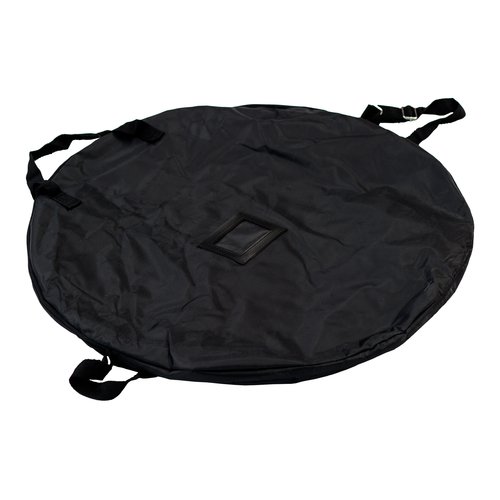 Beachbanner noir en tissu avec cadre flexible et poignes de transport.