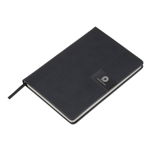 Carnet noir avec porte-stylo et marque-page ruban.